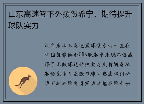 山东高速签下外援贺希宁，期待提升球队实力